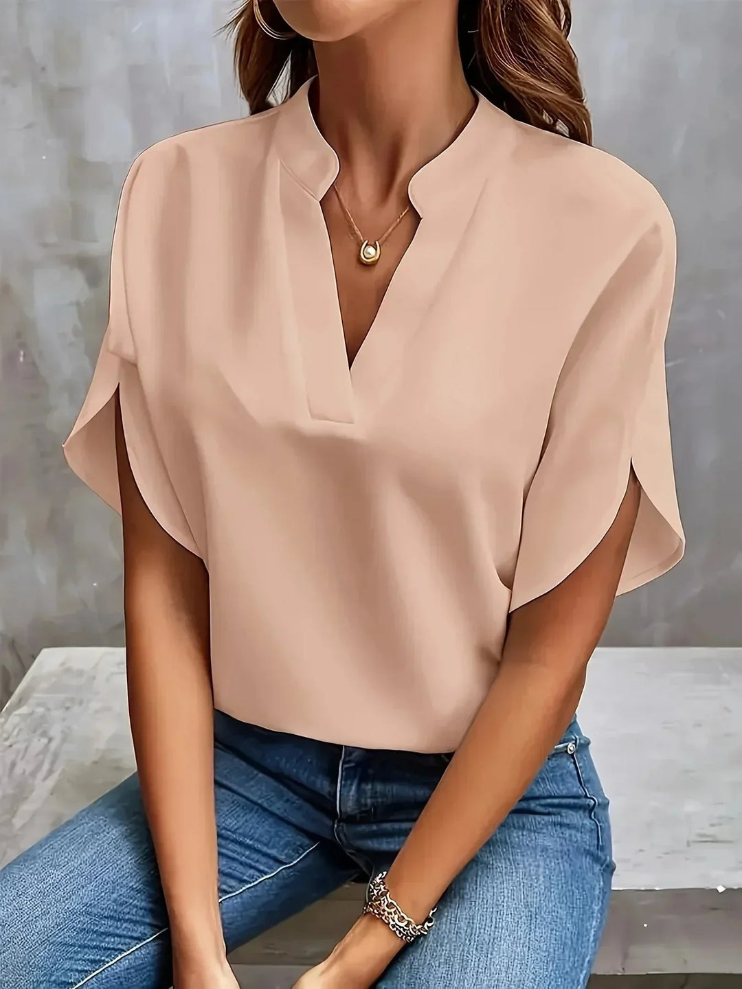 Women's professional V-neck blouse with stand collar & tailored fit. Short split sleeves fashion.