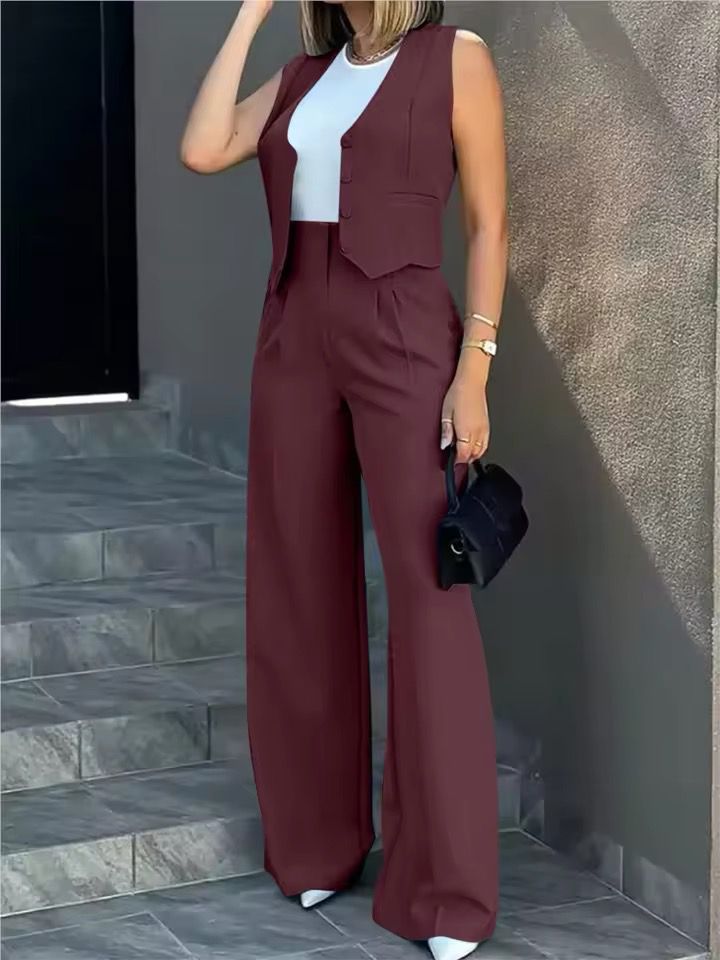 Comfortable women's co-ord set with tailored waistcoat & flowy wide leg trousers. Smart casual lounge outfit.