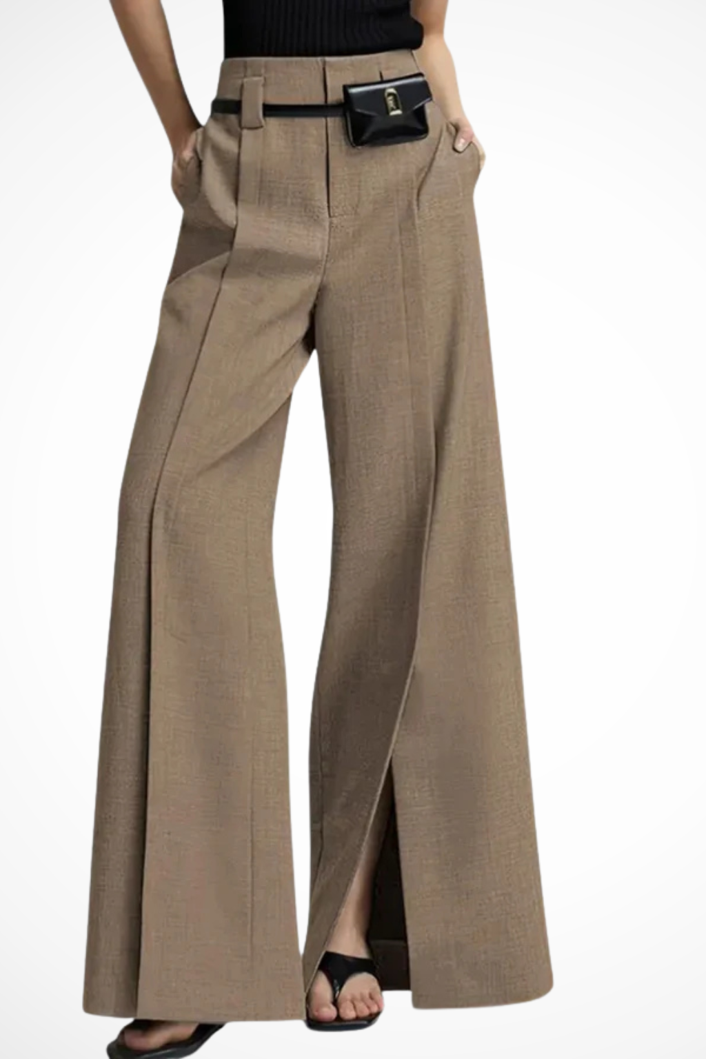 Women's tailored wide leg trousers with chic belt detail. Perfect for modern office & casual elegance.