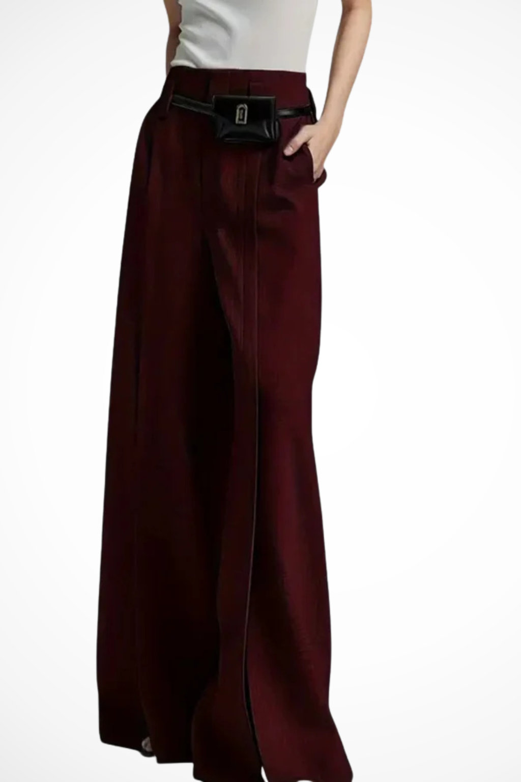 Chic women's wide leg pants with tailored cut and belt detail. Elegant, comfortable, and versatile fashion.