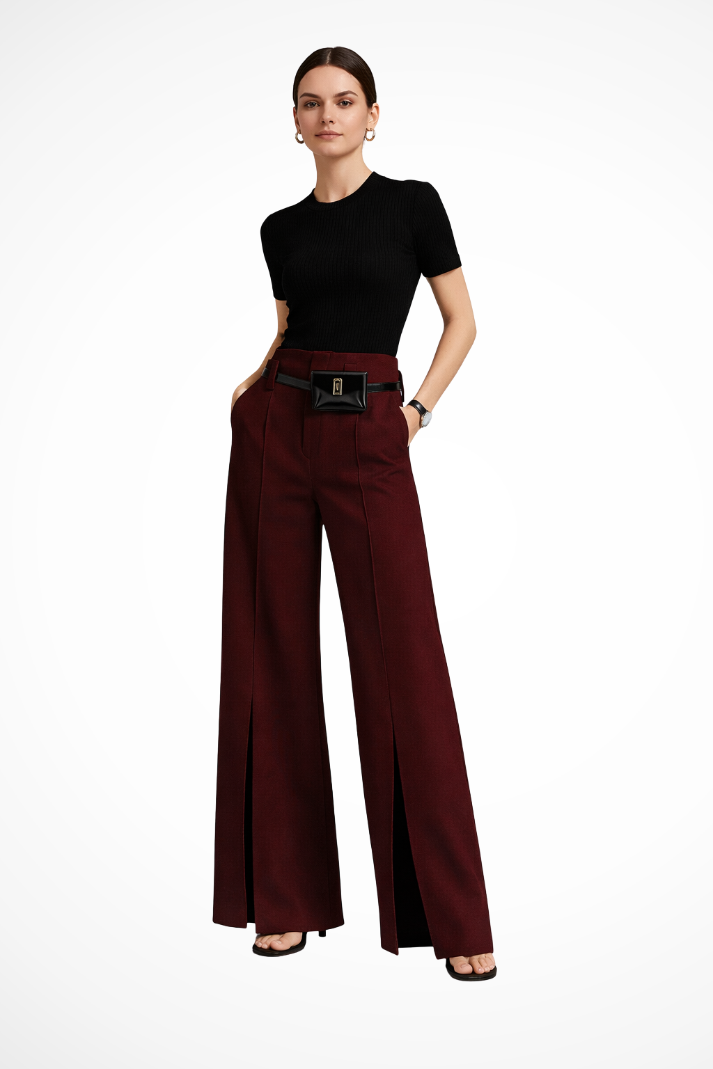 Pleated high-waisted wide leg tailored trousers with belt. Modern women's fashion for office & casual.
