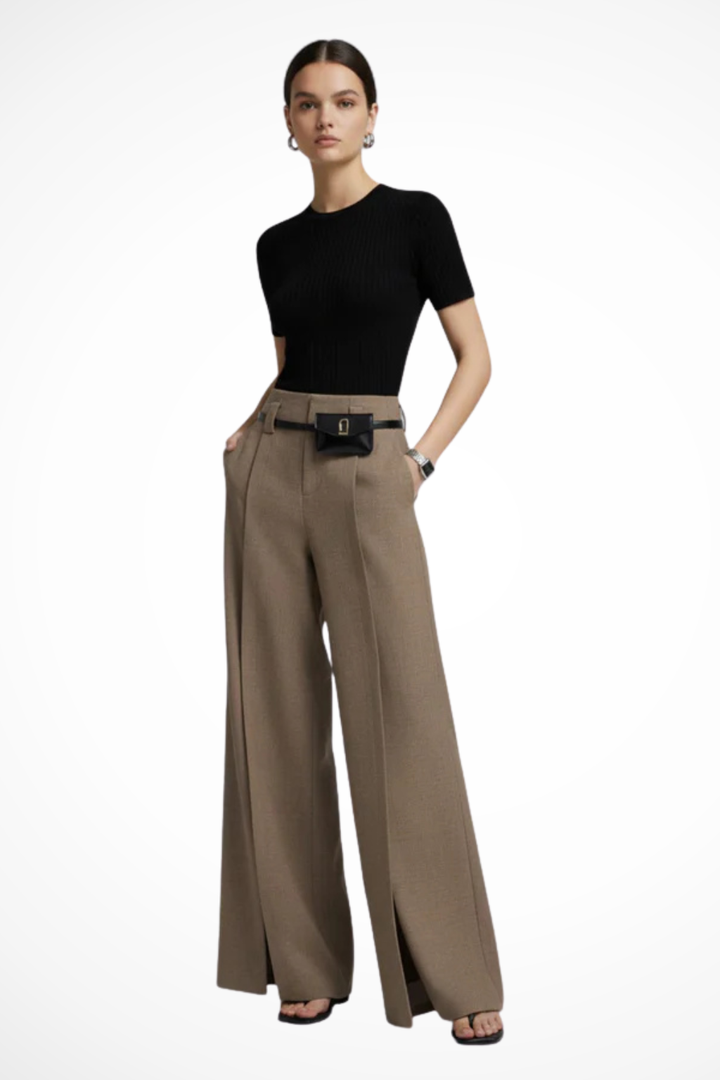 High-waisted wide leg tailored trousers for women, featuring a stylish belt. Elegant & versatile fashion.