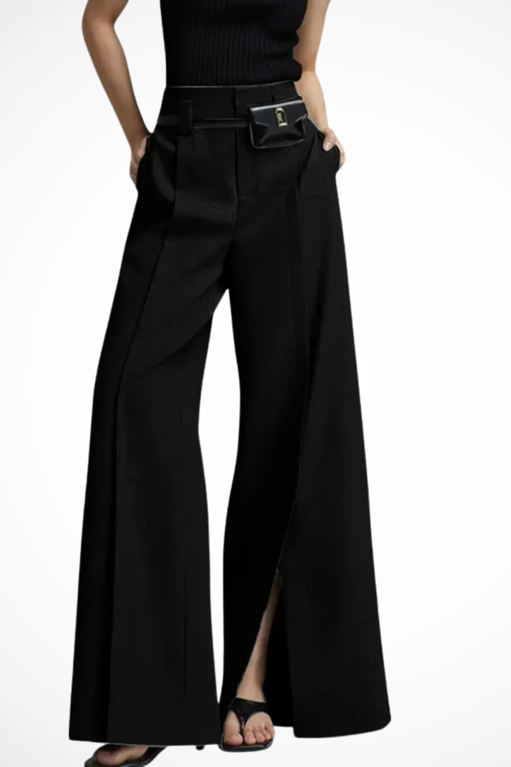 Elegant pleated wide leg trousers for women, showcasing a fashionable belt. Perfect for office wear.