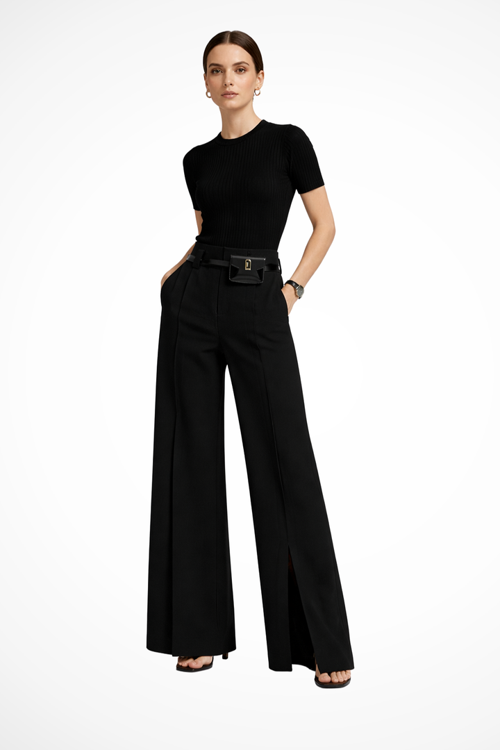 Versatile women's high-waisted wide leg tailored pants with belt. Smart, comfortable, and chic fashion.
