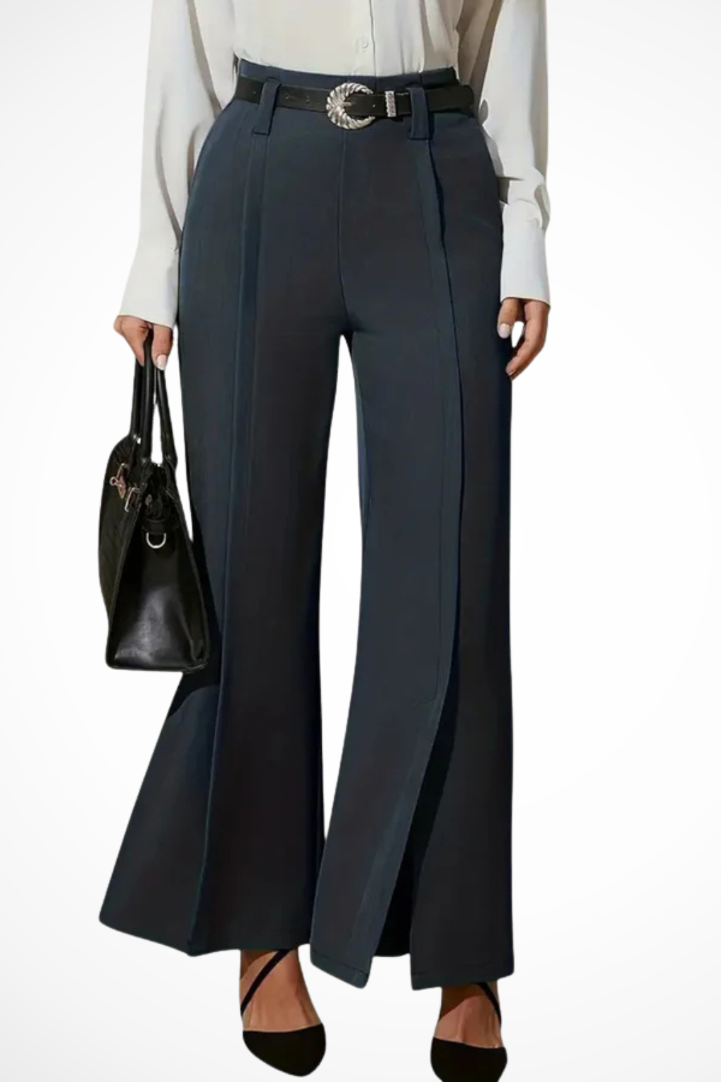 Sophisticated women's tailored wide leg trousers with a smart belt. Great for professional office wear.