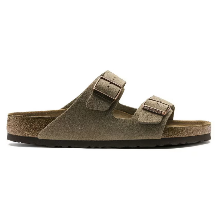 Close-up of adjustable taupe comfort sandal straps, showing durable hook-and-loop closure & soft lining.