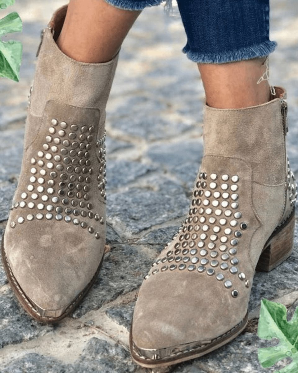 Women's taupe studded ankle boots with pointed toe & comfortable block heel for edgy, chic style.