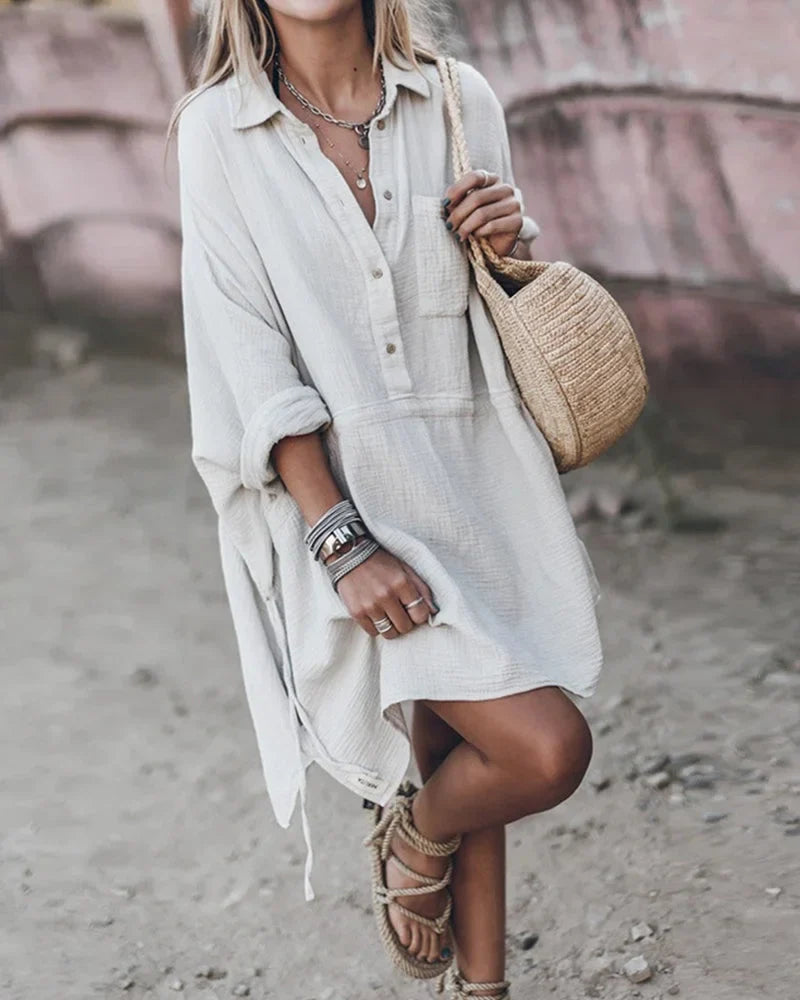 Women's textured flowy collared mini shirt dress, perfect for versatile spring/summer casual or professional wear.