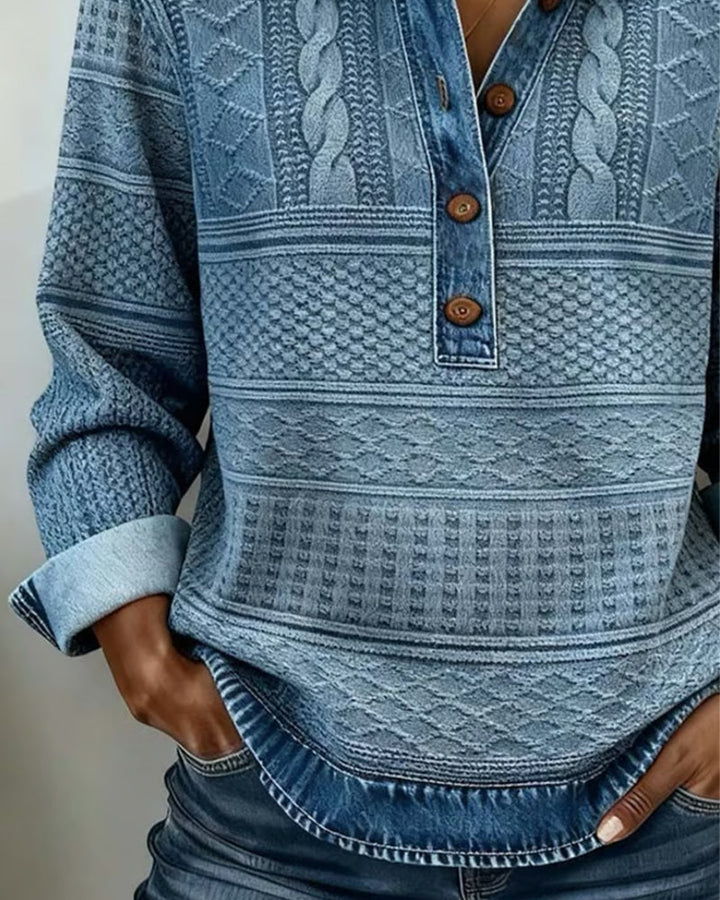Relaxed fit women's long-sleeve collared half-zip textured sweatshirt for comfortable everyday wear.