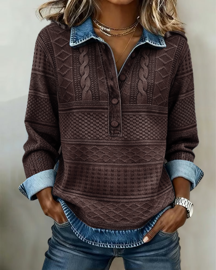Women's collared half-zip textured long-sleeve sweatshirt, offering cozy and casual comfort for autumn.