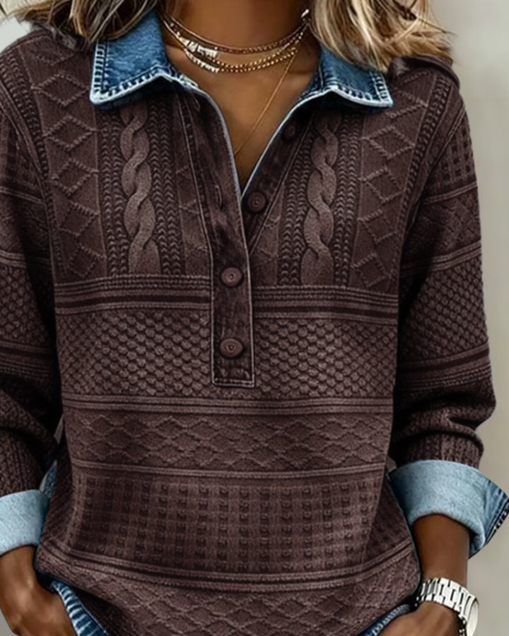 Women's everyday textured half-zip sweatshirt with a collar, a comfortable long-sleeve top for winter.