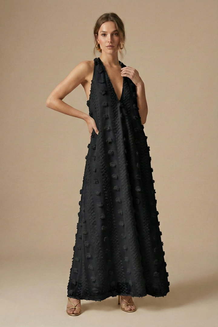 Resort wear women's textured halter backless maxi dress, featuring gorgeous 3D floral appliqué.