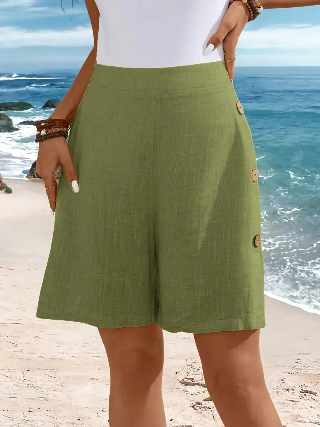 Textured fabric women's high-waisted wide-leg shorts, ideal for comfortable summer vacation style.