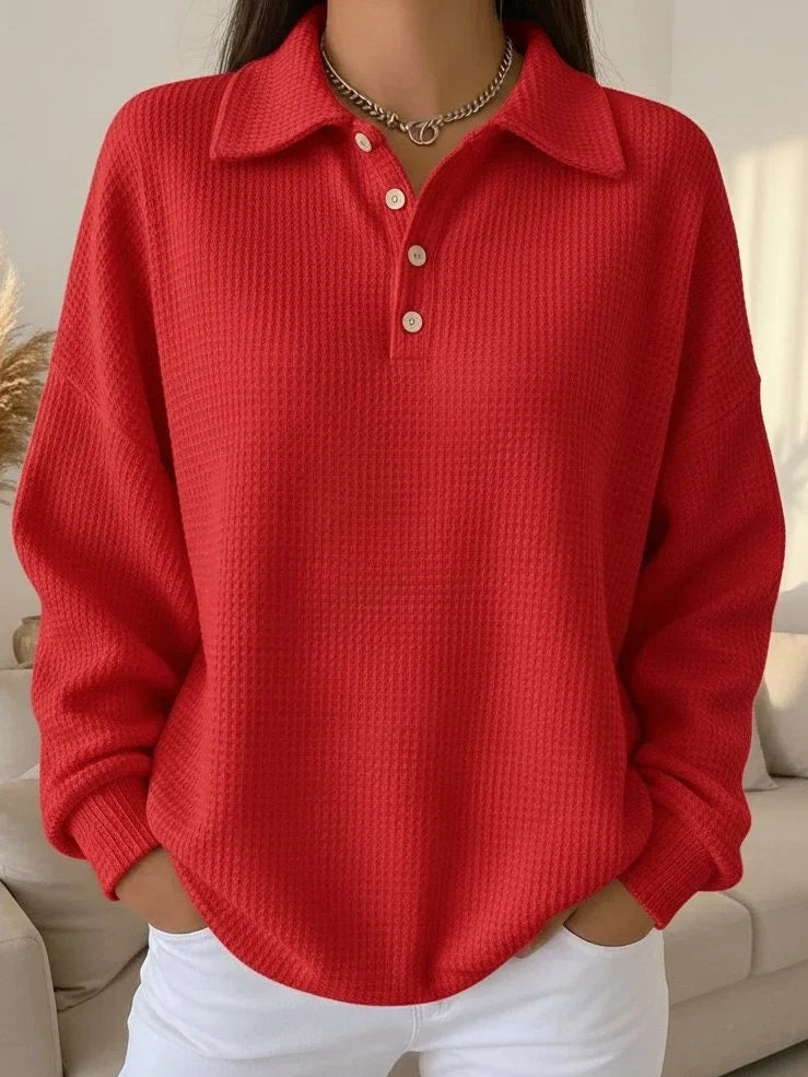 Women's textured knit polo sweater with long sleeves & button placket. Ideal for fall & winter casual style.