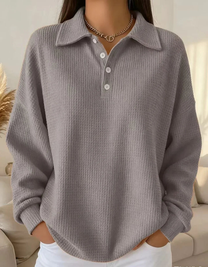 Elegant women's fall polo sweater, long sleeves & textured knit. Perfect everyday button-placket top.