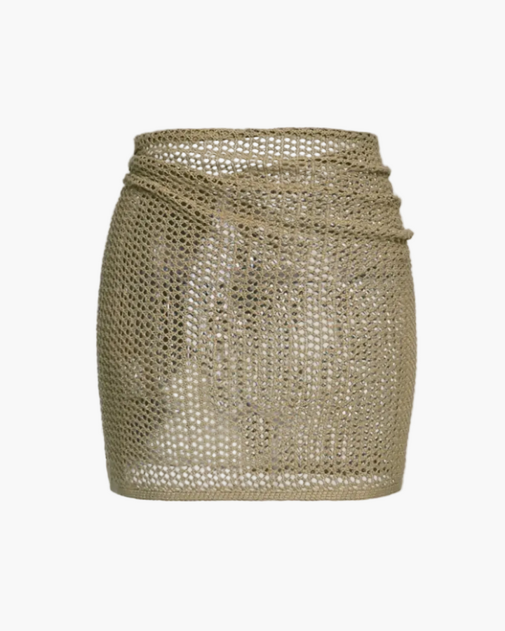 Bohemian women's open-knit beach cover-up skirt for summer vacation & swimwear. Stylish resort wear.