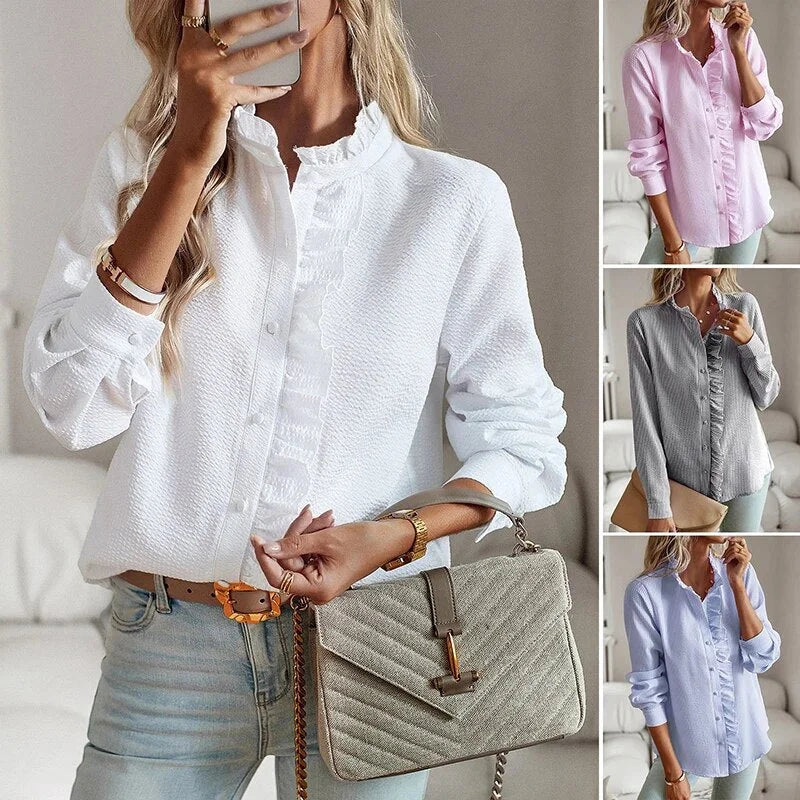 Chic women's textured striped long sleeve blouse with a beautiful ruffled collar. Feminine & perfect for any occasion.