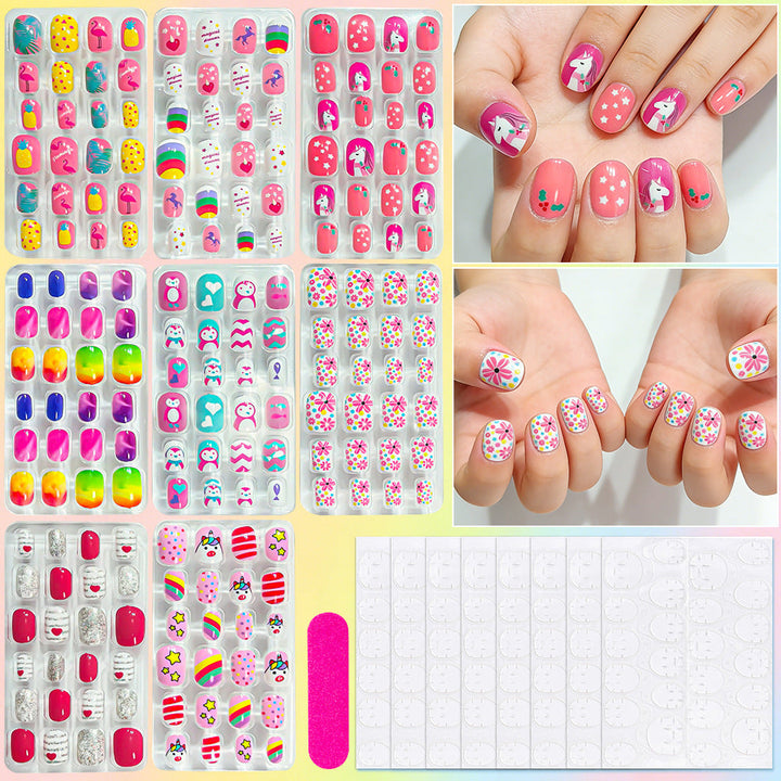 Women's themed press-on nail kit with stylish, colorful designs for easy at-home manicure & nail art.