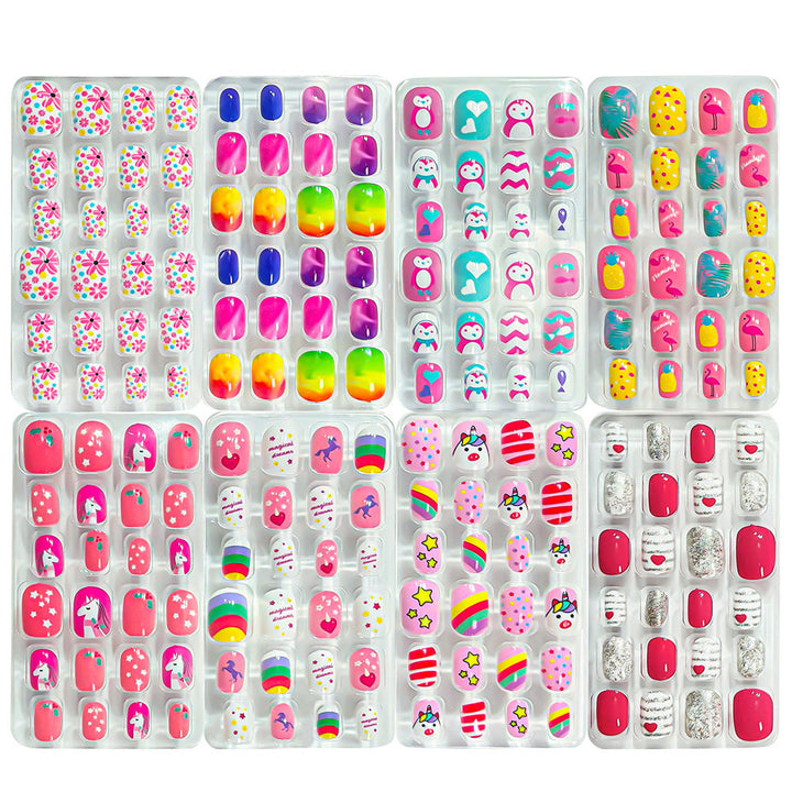 Close-up of colorful themed press-on nails, showcasing intricate nail art designs for women's beauty.