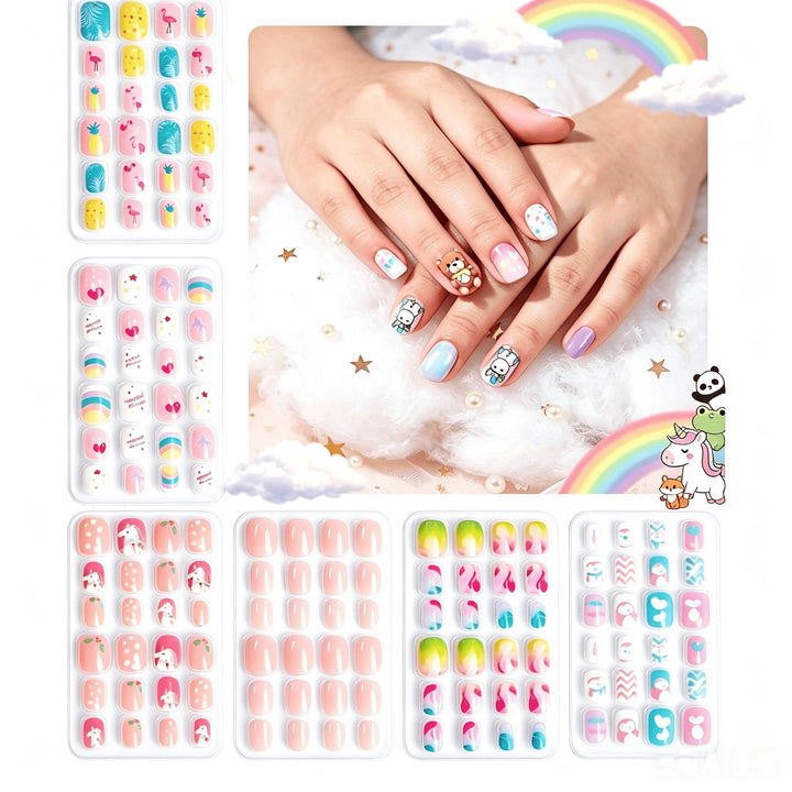 Woman applying stylish themed press-on nails, demonstrating easy false nail application for a quick manicure.