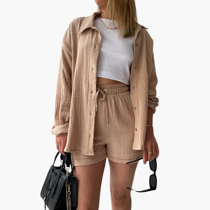 Women's three-piece set: shirt, crop top, and high-waist shorts for a stylish summer outfit.