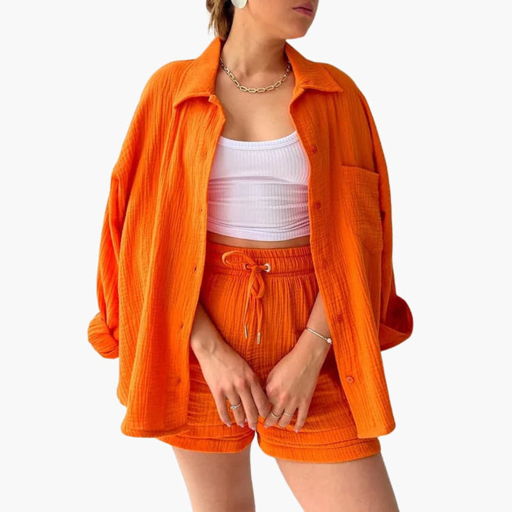 Comfortable women's fashion three-piece set for summer, including a shirt, crop top, and high-waist shorts.
