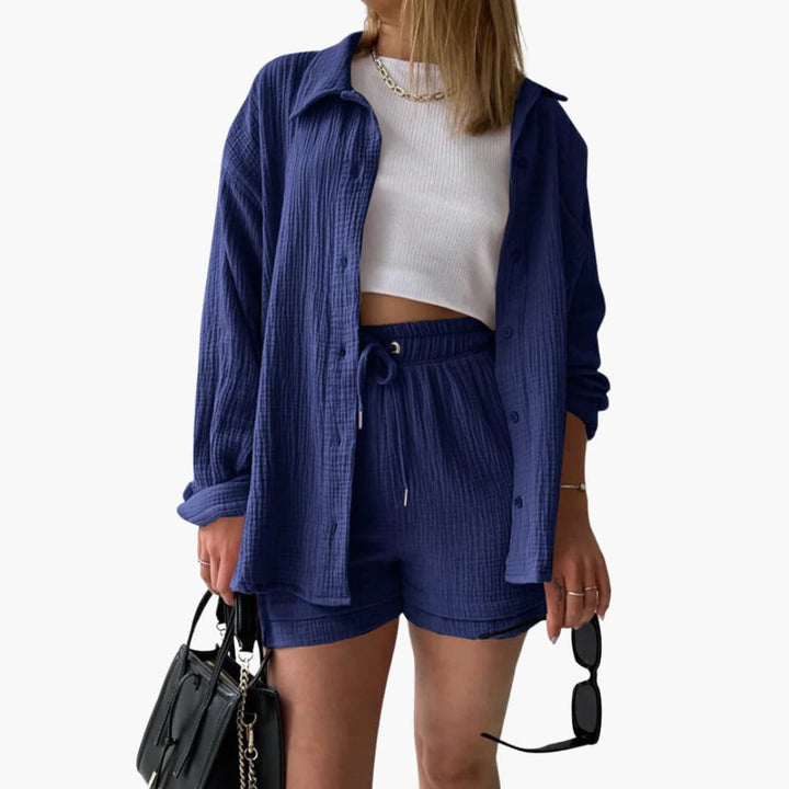 Women's coordinated casual wear: a three-piece set with a shirt, crop top, and high-waist shorts for summer.