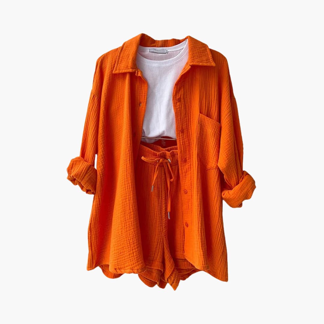 Complete women's three-piece coordinated set featuring shirt, crop top, and shorts, perfect for summer.