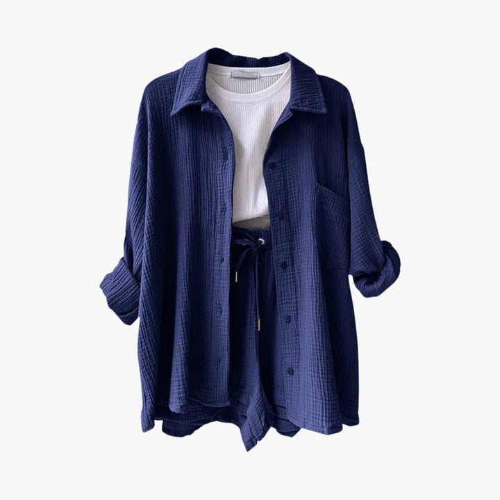 Versatile women's fashion three-piece set, ideal for casual wear, includes shirt, crop top & shorts.