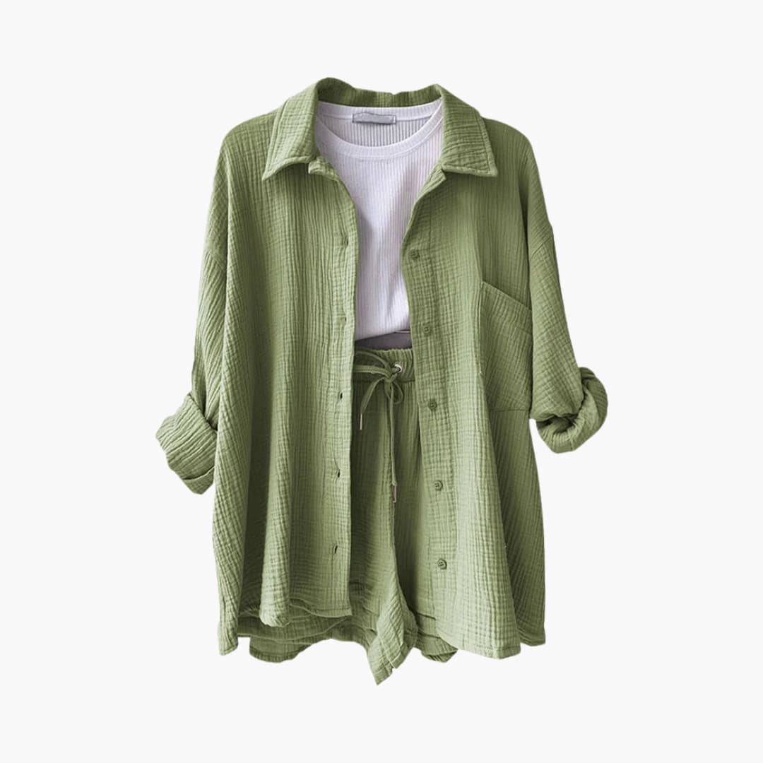 Coordinated women's three-piece set with a stylish shirt, crop top, and comfortable high-waist shorts.