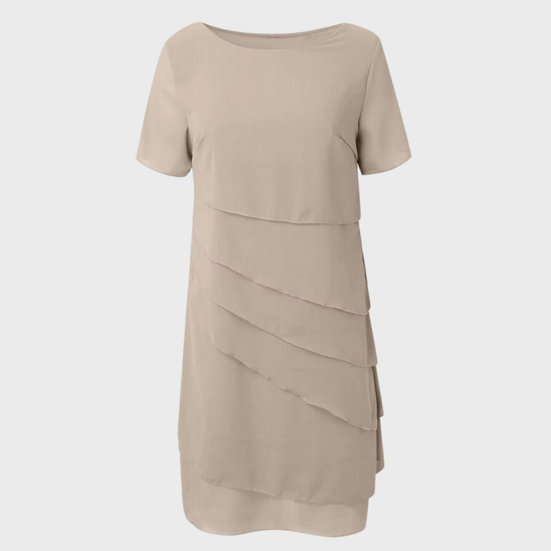 Women's tiered cocktail party midi dress with short sleeves, elegant for special occasions.