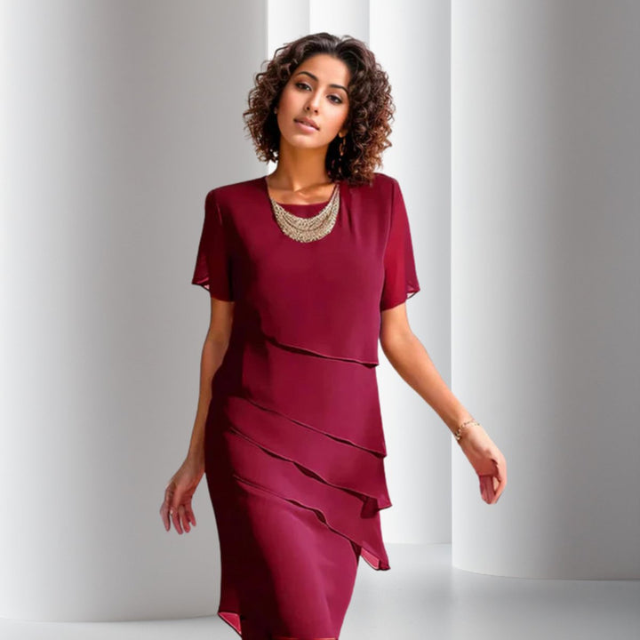 Elegant women's tiered midi party dress, perfect for cocktail events, weddings, or formal evenings.