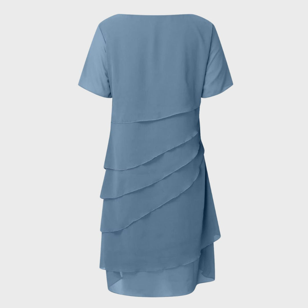Women's elegant short-sleeve tiered midi dress, ideal for cocktail parties, weddings, and formal events.