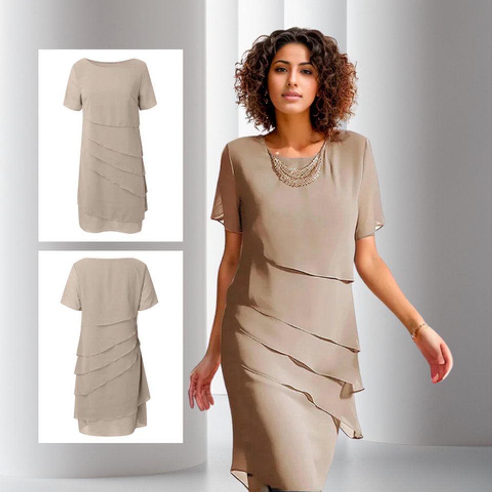 Formal women's tiered midi dress with short sleeves, a chic option for evening gatherings and special occasions.