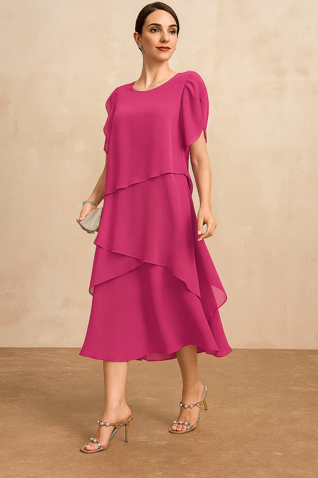 Women's tiered midi dress with asymmetrical layered silhouette, elegant puff sleeves. Perfect for spring/summer.