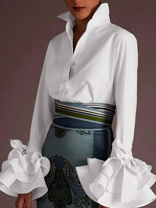 Women's tiered ruffle cuff button up blouse, elegant for spring & summer occasions.