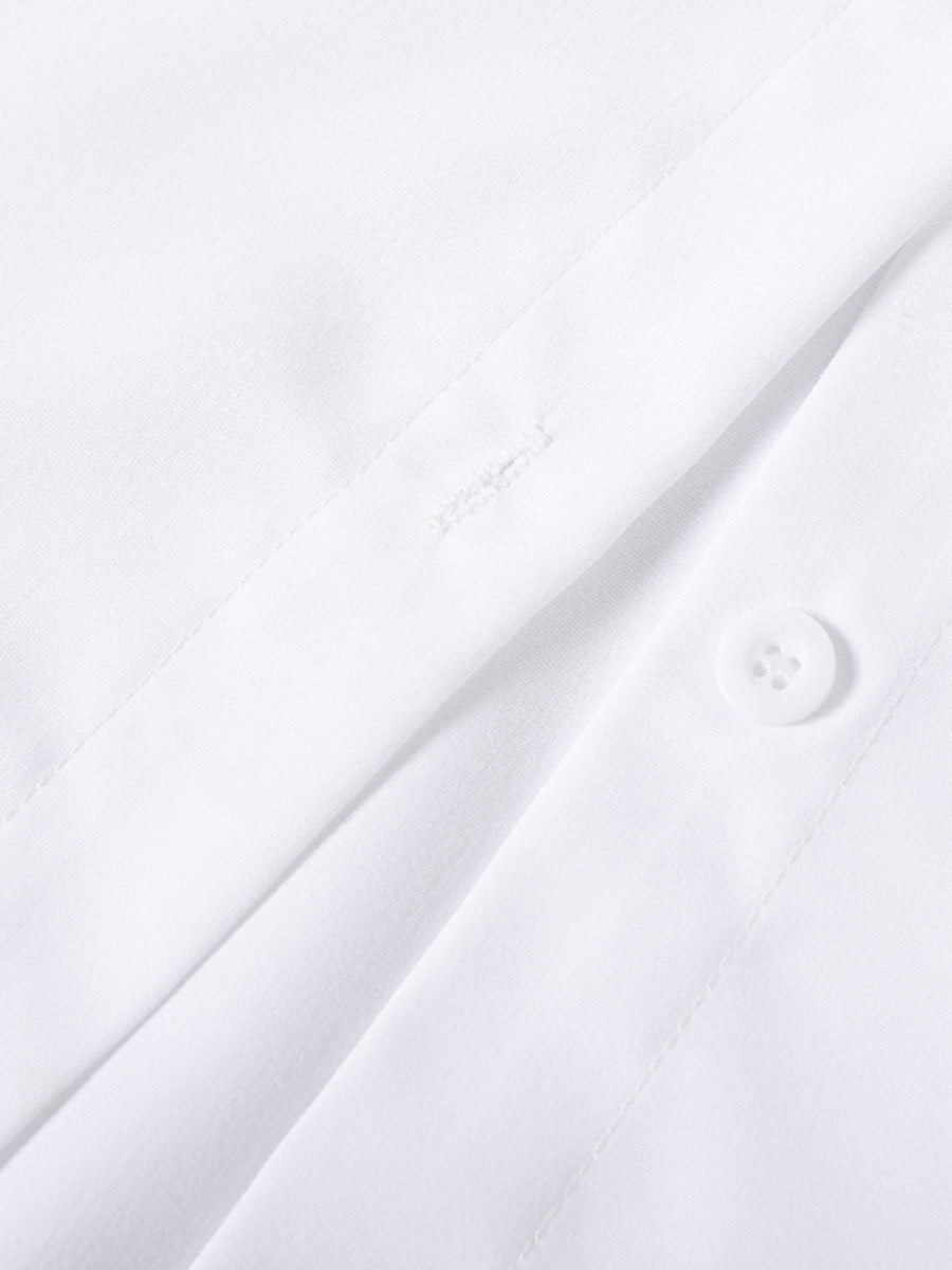 Classic women's button up blouse, updated with tiered ruffles and elegant flare cuffs.
