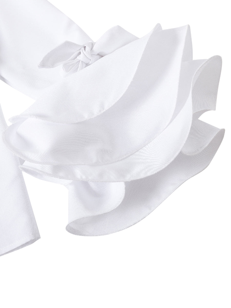 Smart casual women's tiered ruffle cuff button up blouse, ideal for office or weekend.