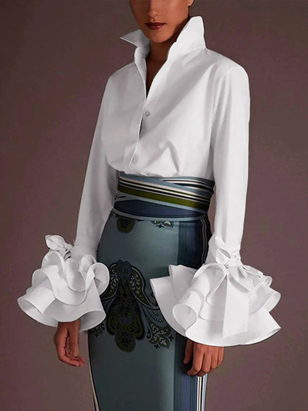Stylish women's button up blouse with tiered ruffles & flare cuffs, perfect for casual wear.