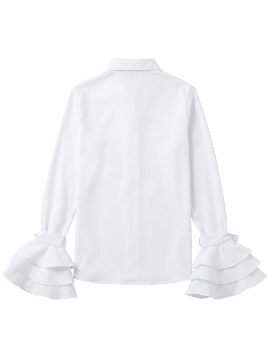 Lightweight women's tiered ruffle cuff blouse, comfortable button up for warm weather.
