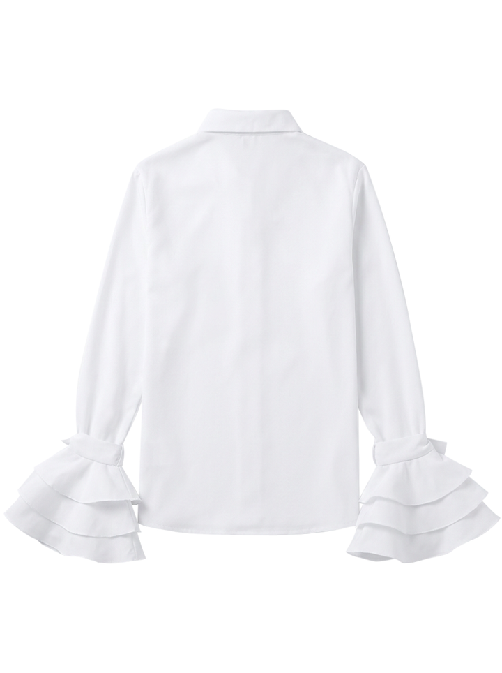 Lightweight women's tiered ruffle cuff blouse, comfortable button up for warm weather.