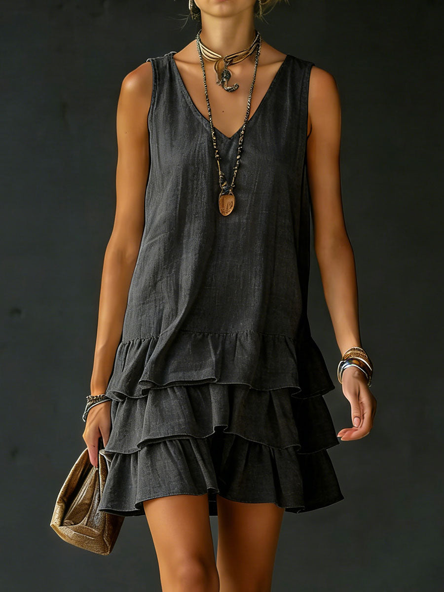 Trendy tiered ruffle mini dress for women. Sleeveless V-neck, relaxed fit, ideal for casual summer style.