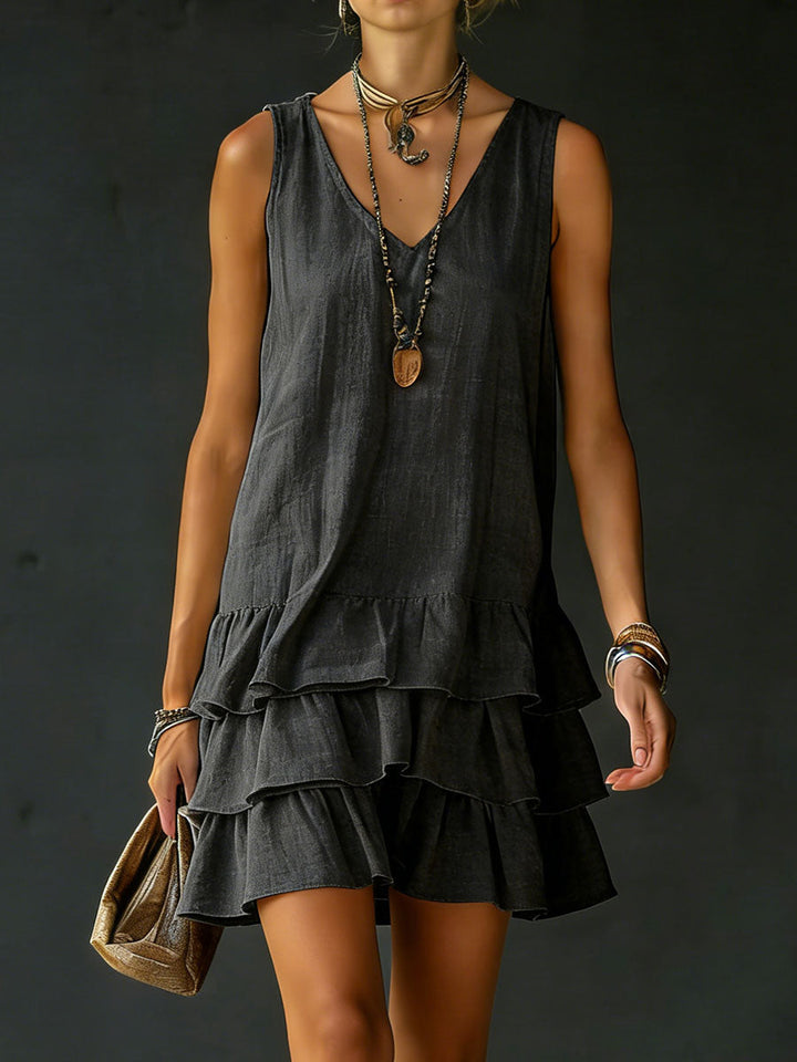 Trendy tiered ruffle mini dress for women. Sleeveless V-neck, relaxed fit, ideal for casual summer style.