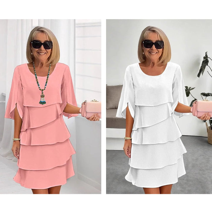 Summer-ready women's tiered midi dress with airy ruffle sleeves for graceful style.