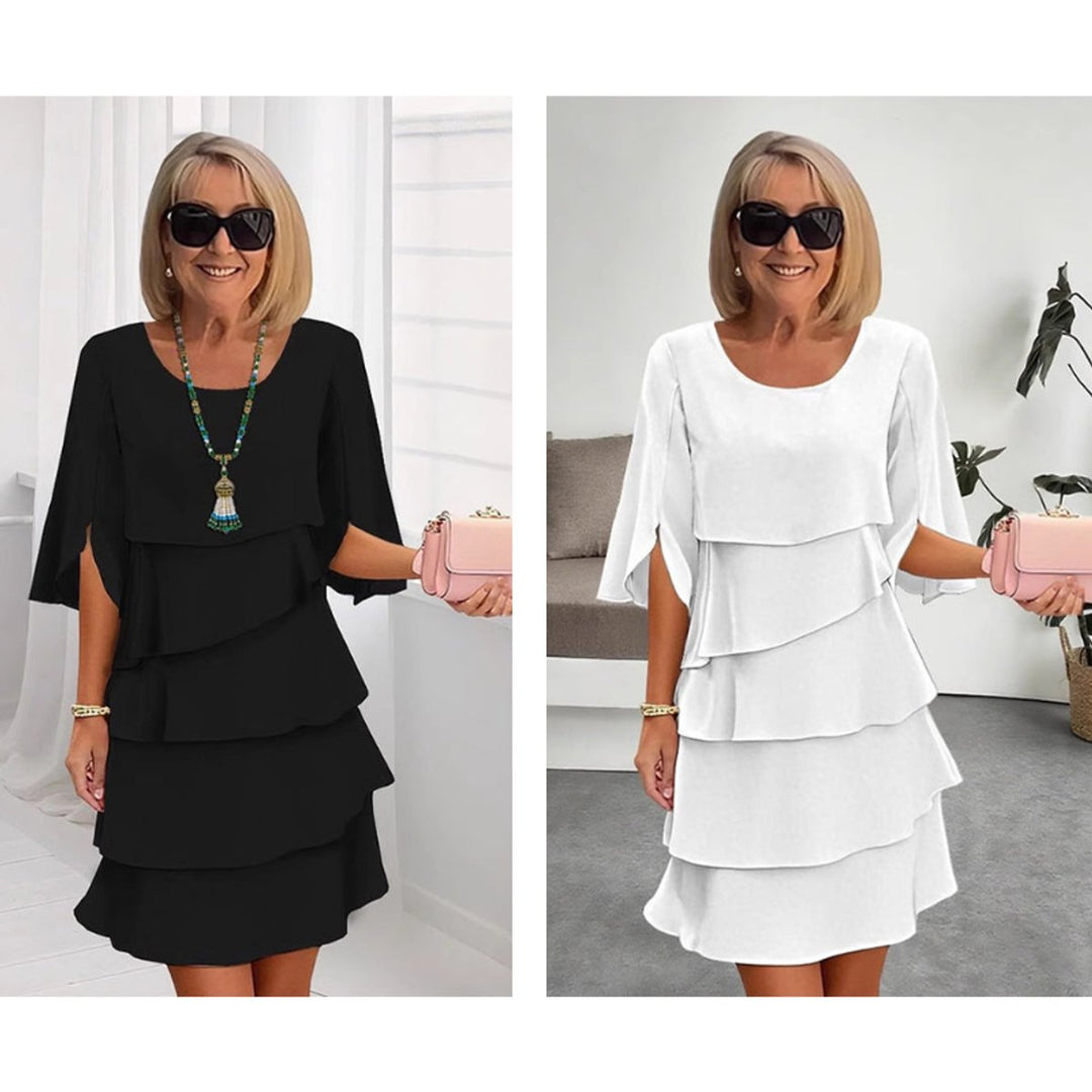 Flattering tiered women's midi dress, designed with elegant ruffle sleeves for comfort.