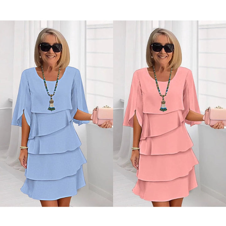 Stylish women's tiered ruffle-sleeve midi dress, perfect for elegant summer and occasion wear.