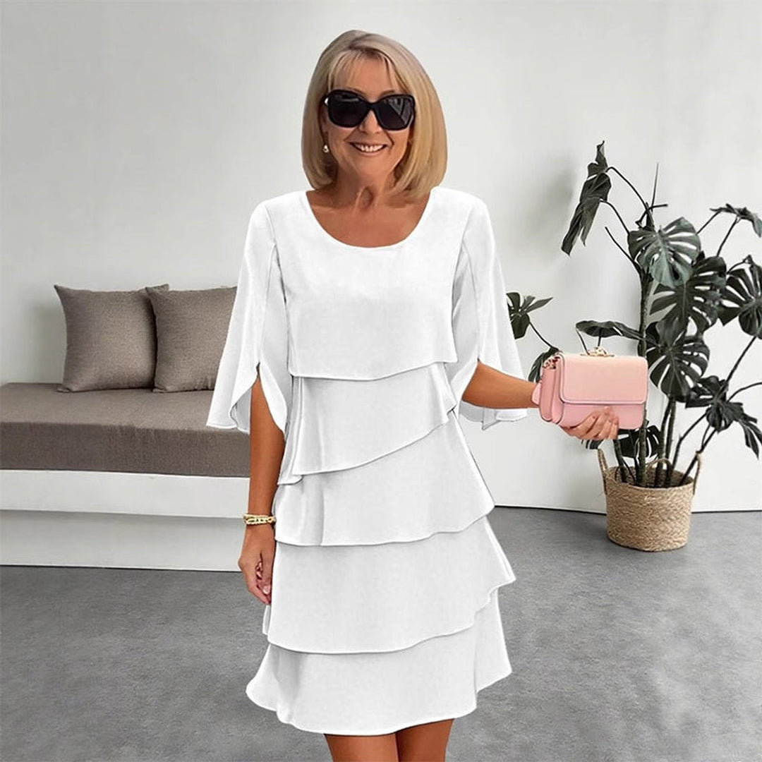 Graceful women's tiered ruffle-sleeve midi dress, flattering for any occasion.