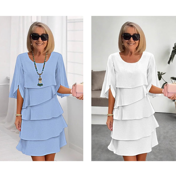 Smart casual women's midi dress, tiered design, elegant ruffle sleeves.
