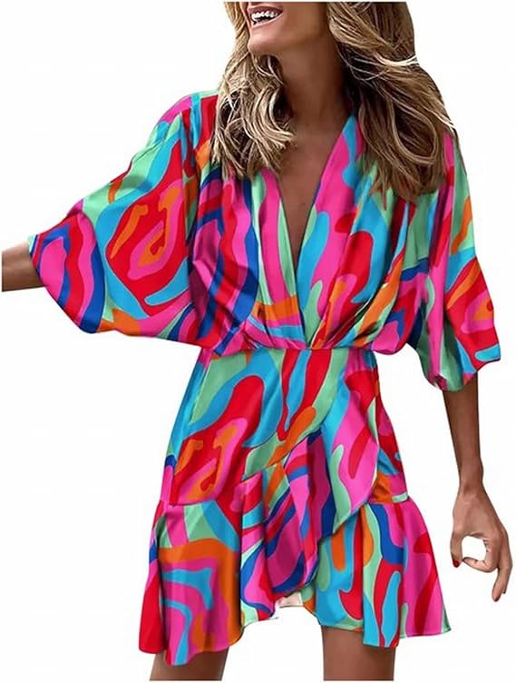 Sleeved women's boho dress featuring tiered ruffles, ideal as a flowy midi summer dress.