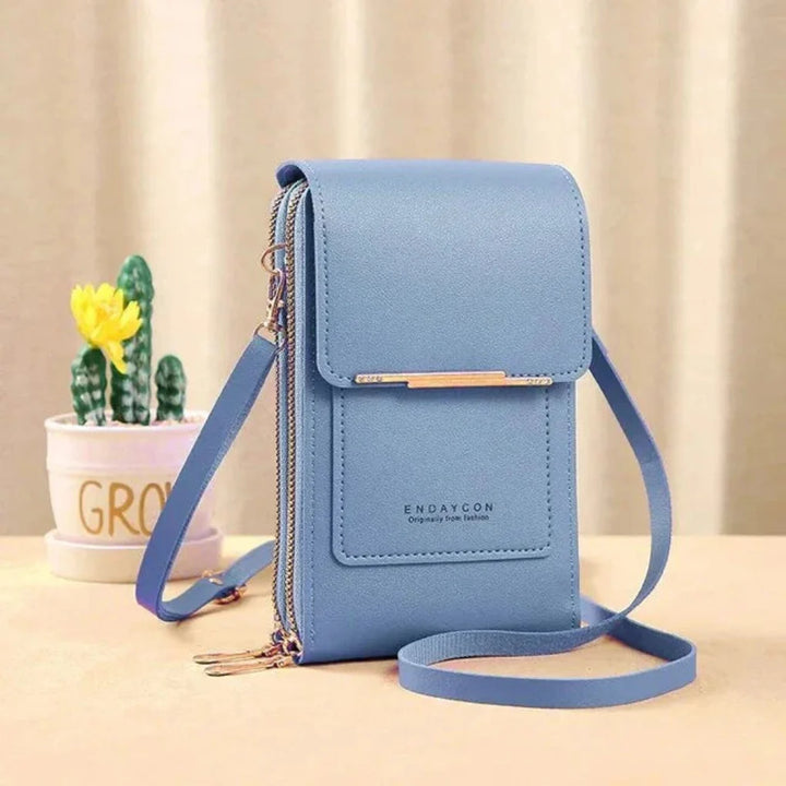 Modern women's shoulder bag, a chic fashion accessory with integrated touch screen window.